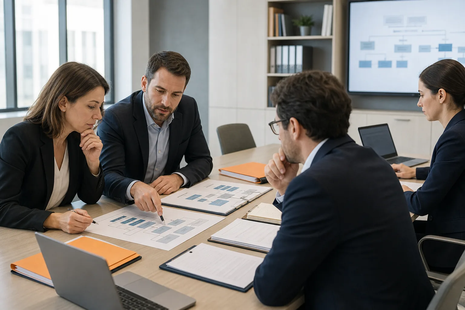 Profesionales revisando contratación pública y documentación administrativa