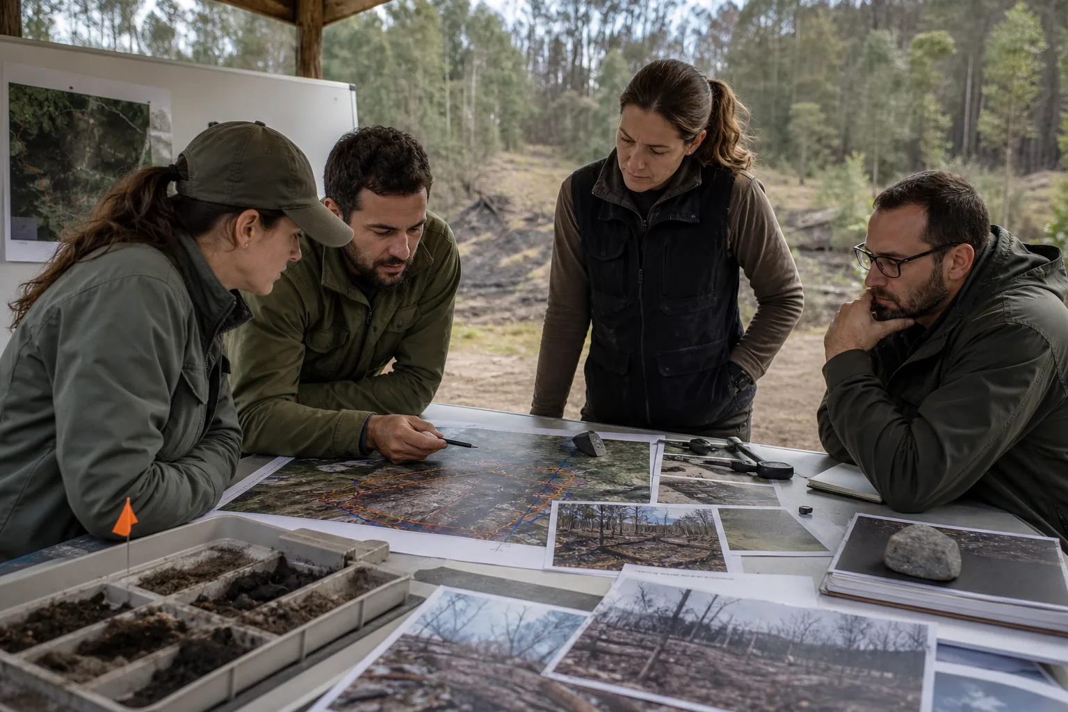 Equipo técnico investigando indicios de incendios forestales