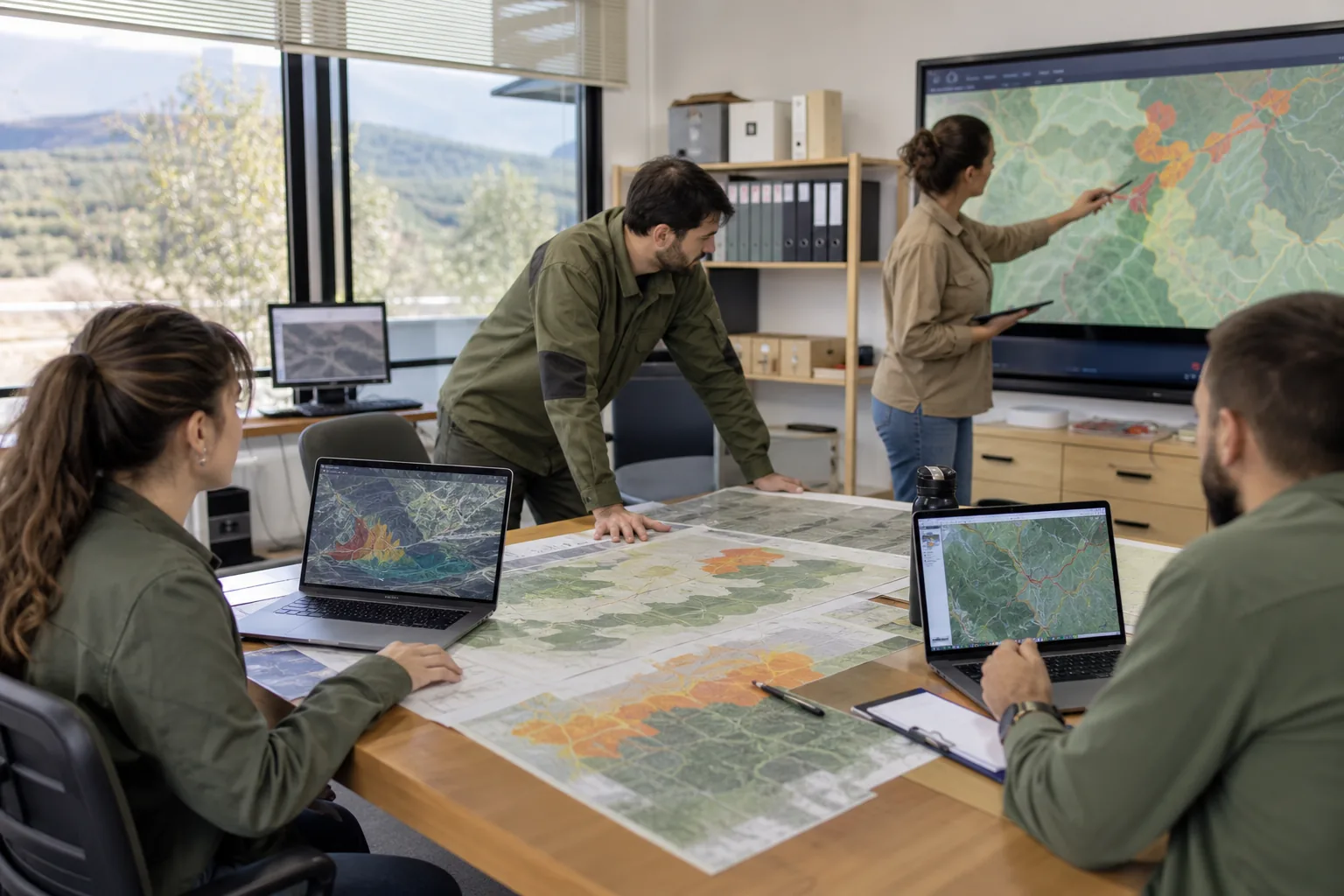 Profesionales analizando mapas GIS para defensa contra incendios forestales