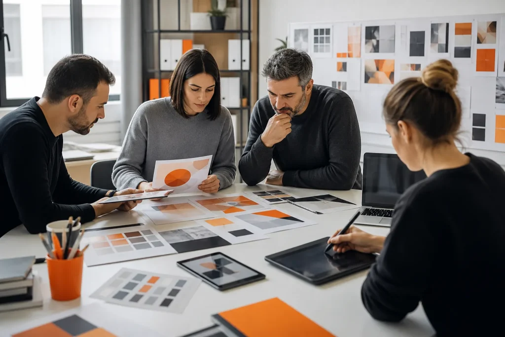 Escena profesional de artes gráficas para Fundamentos del diseño gráfico en el sector de publicidad