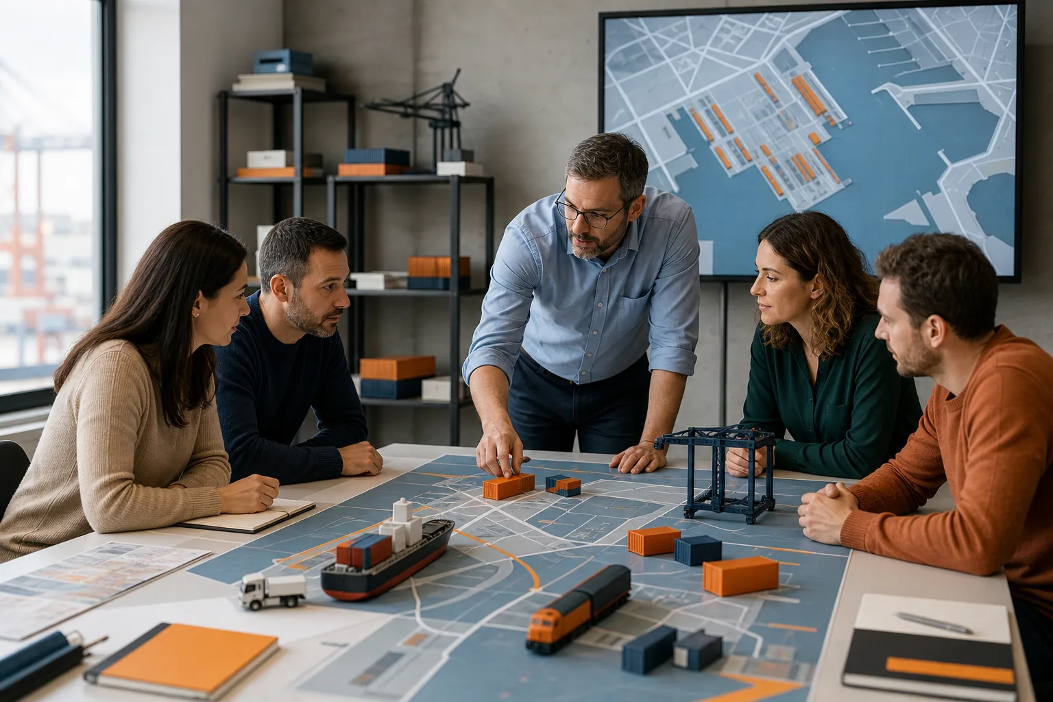 Escena profesional de comercio y marketing para Intermodalidad portuaria