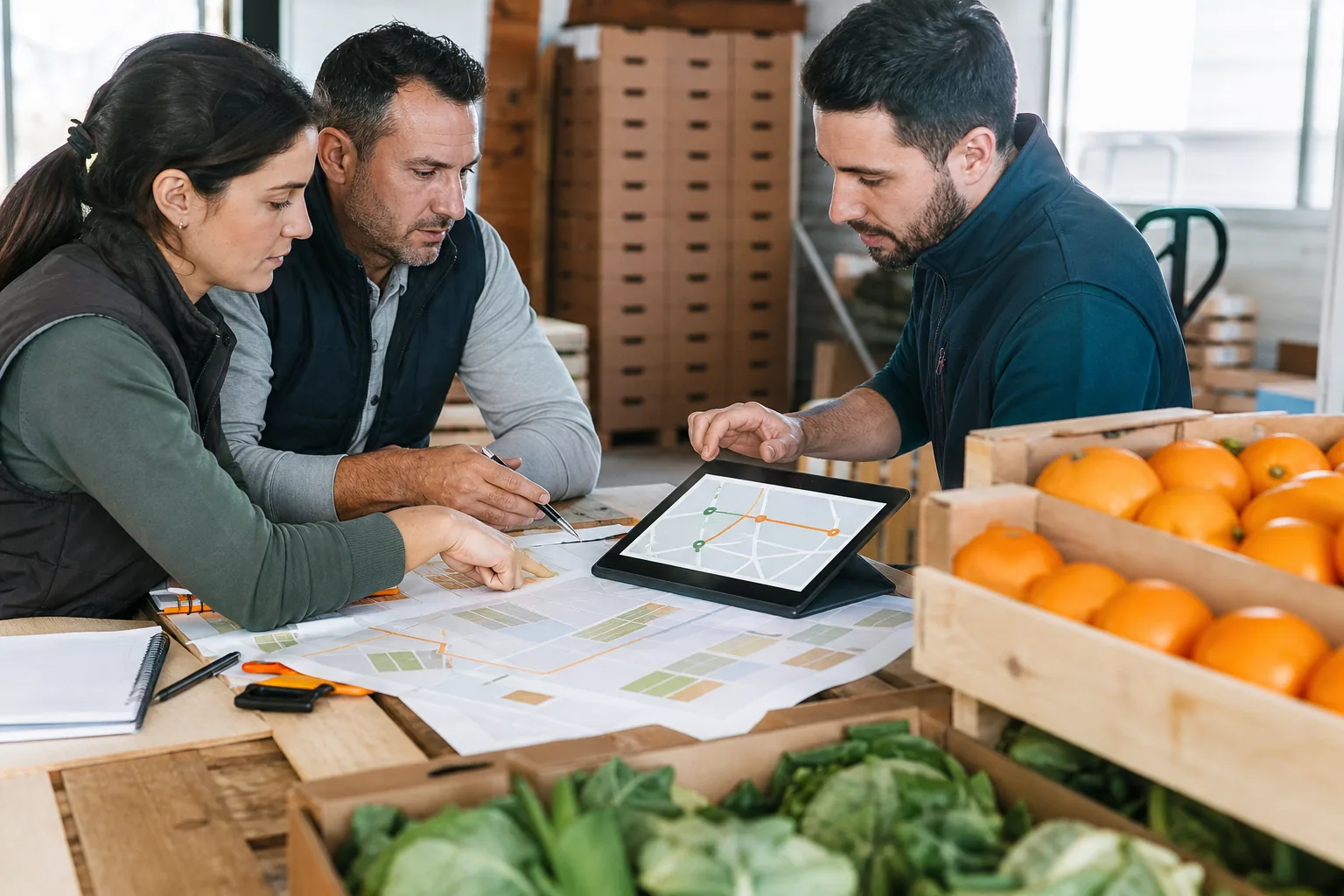 Escena profesional de comercio y marketing para Rutas óptimas para el transporte agrícola