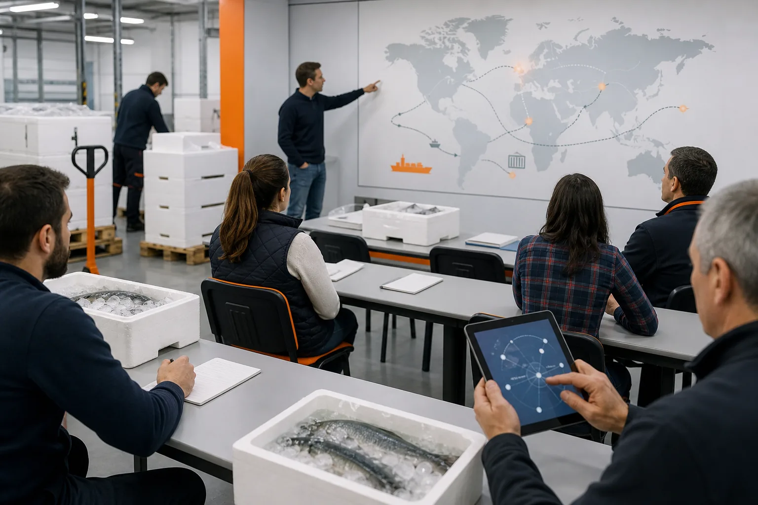 Escena profesional de comercio y marketing para Gestión aduanera en el sector pesquero