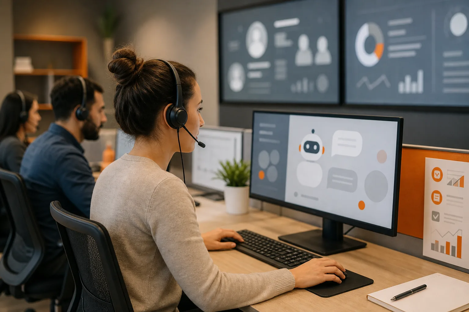 Escena profesional de comercio y marketing para Atención al cliente a través de medios interactivos o digitales