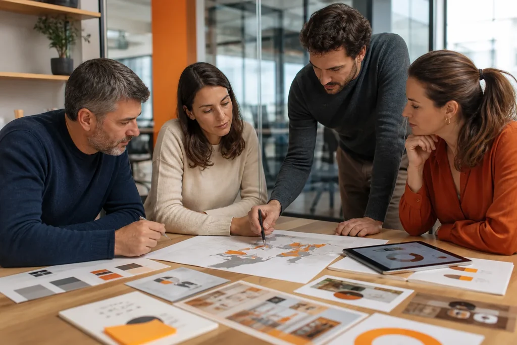 Escena profesional de comercio y marketing para Estudios de mercado para el comercio digital de productos y servicios.