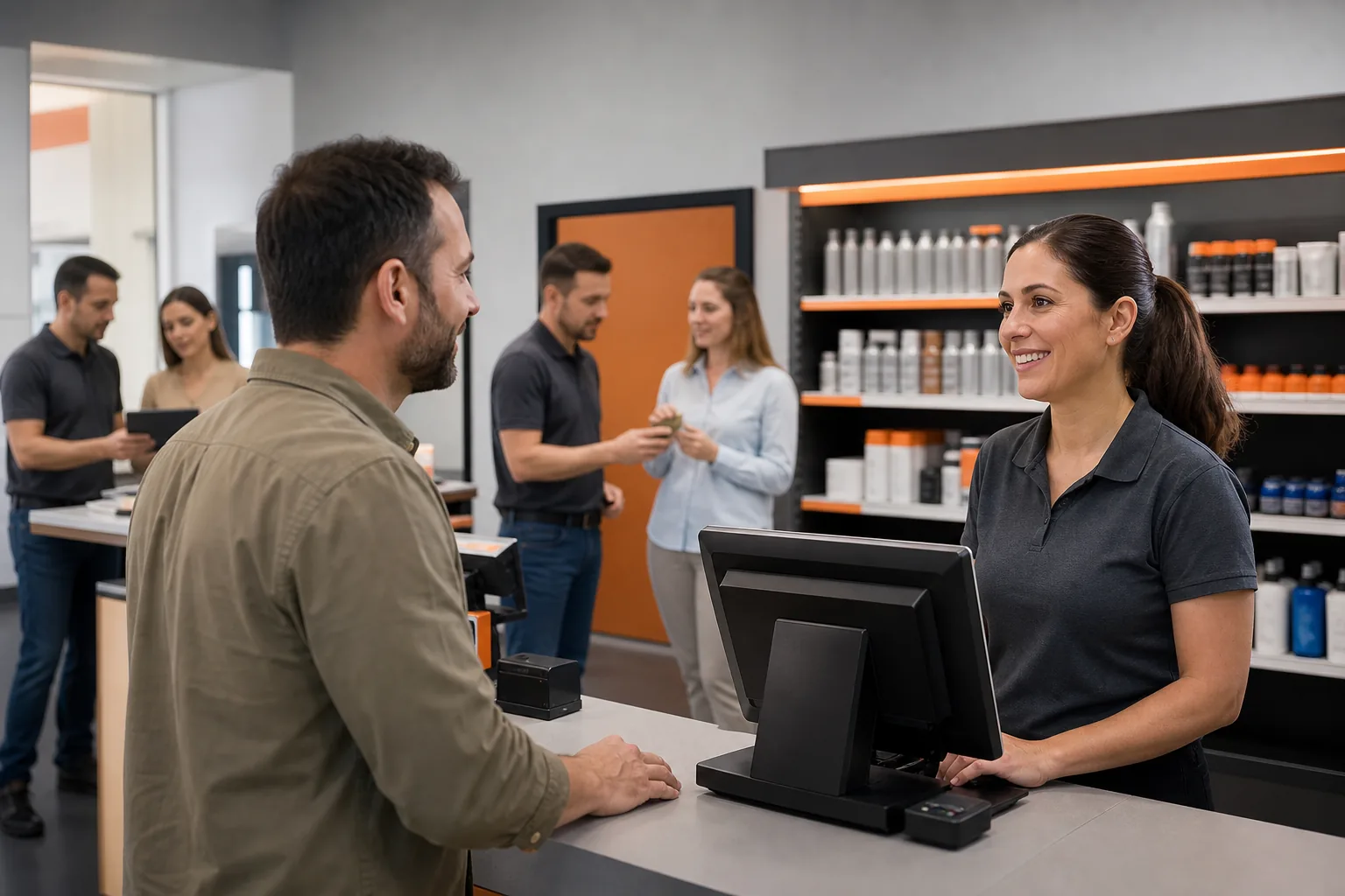 Escena profesional de comercio y marketing para Atención al cliente y venta en estaciones de servicio