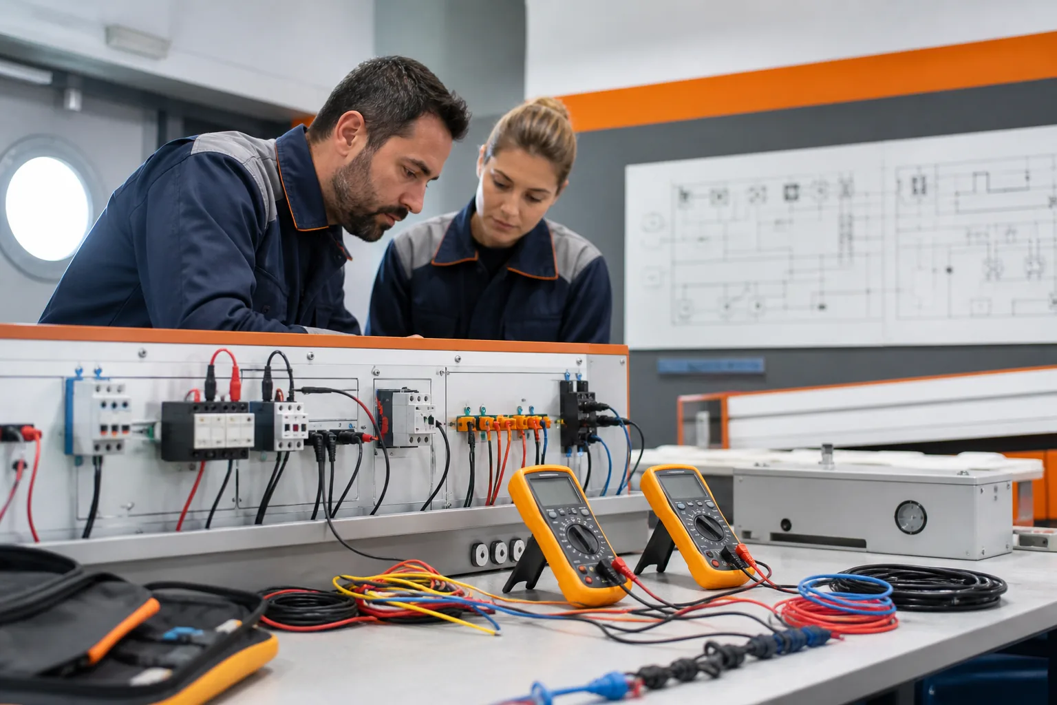Escena profesional de electricidad y electrónica para Procedimientos de electricidad aplicada al sector naval. operaciones básicas.