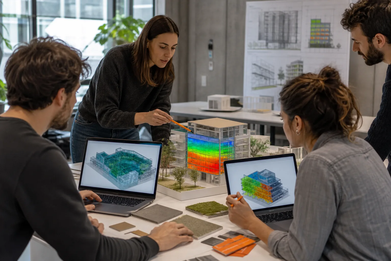 Escena profesional de edificación y obra civil para Diseño sostenible y eficiencia energética con revit