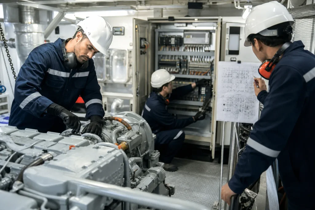 Escena profesional de instalación y mantenimiento para Mantenimiento de equipos de propulsión, eléctricos y automatización en buque