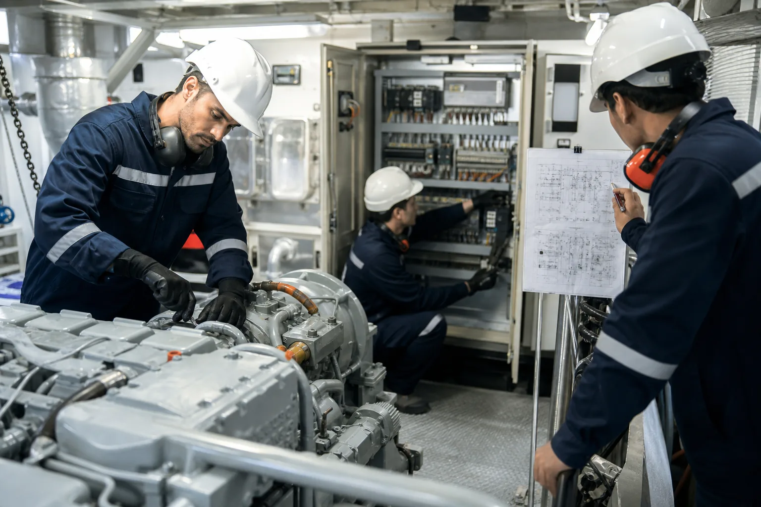 Escena profesional de instalación y mantenimiento para Mantenimiento de equipos de propulsión, eléctricos y automatización en buque