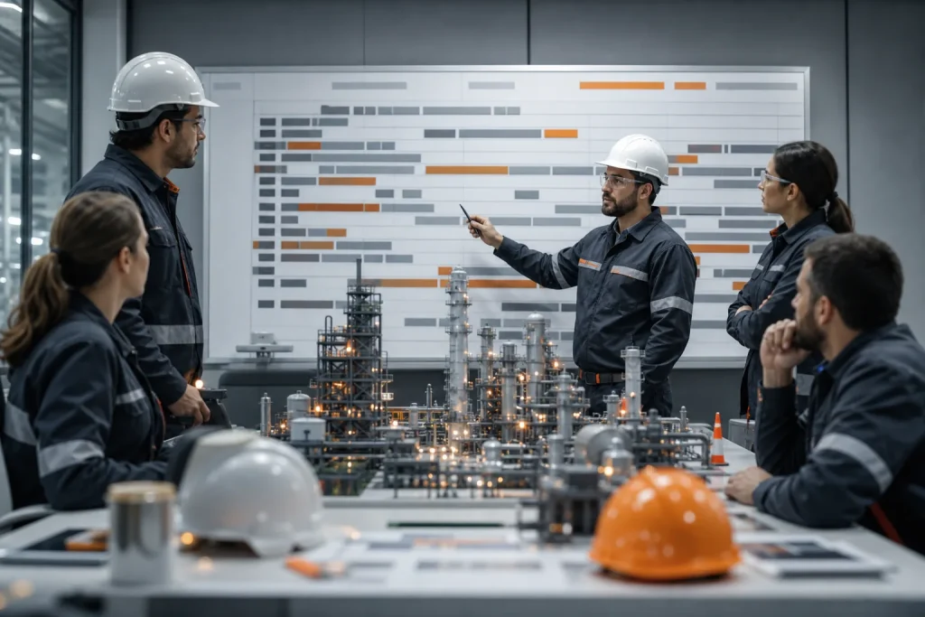 Escena profesional de instalación y mantenimiento para Planificación y ejecución de paradas de plantas industriales