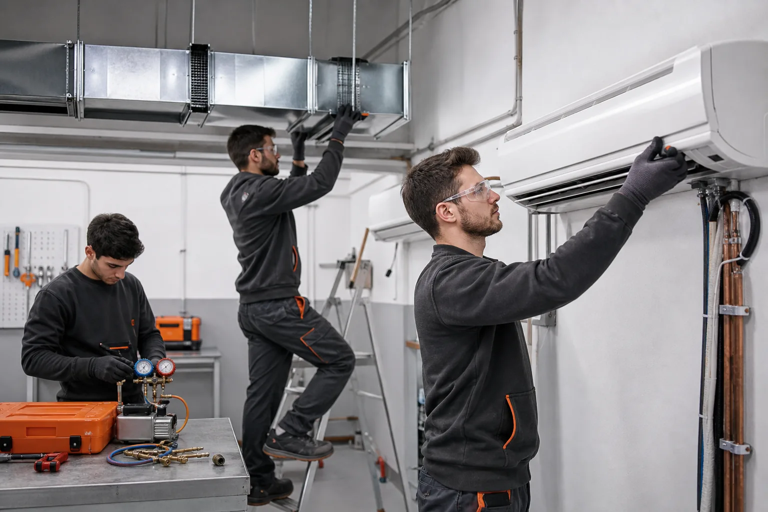Escena profesional de instalación y mantenimiento para Instalación de climatización