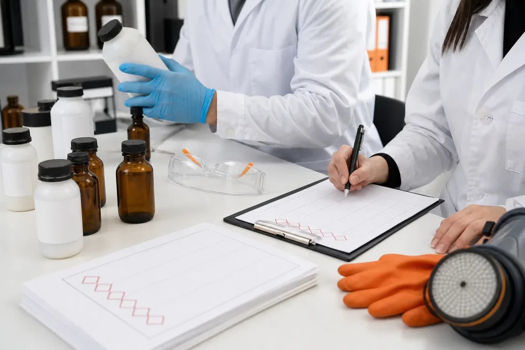 Escena profesional de química para Elaboración de fichas de datos de seguridad para mezclas según reach y etiquetado según clp