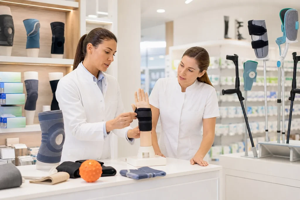Escena profesional de sanidad para Consejo y adaptación de productos de ortopedia en la oficina de farmacia