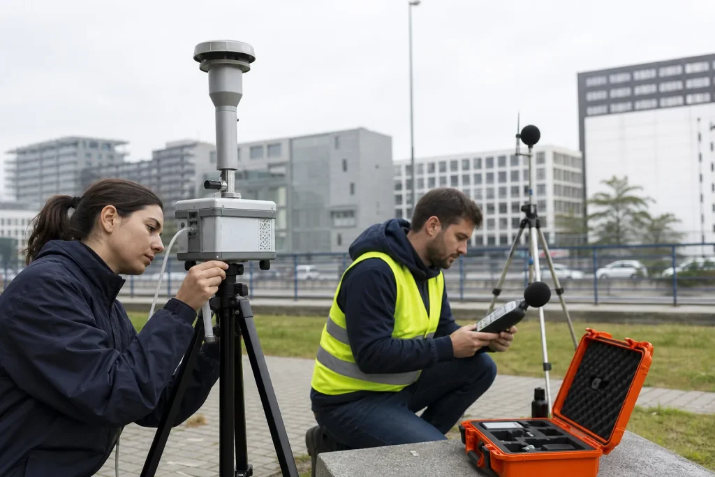 Escena profesional de seguridad y medioambiente para Técnico en contaminación atmosférica y acústica