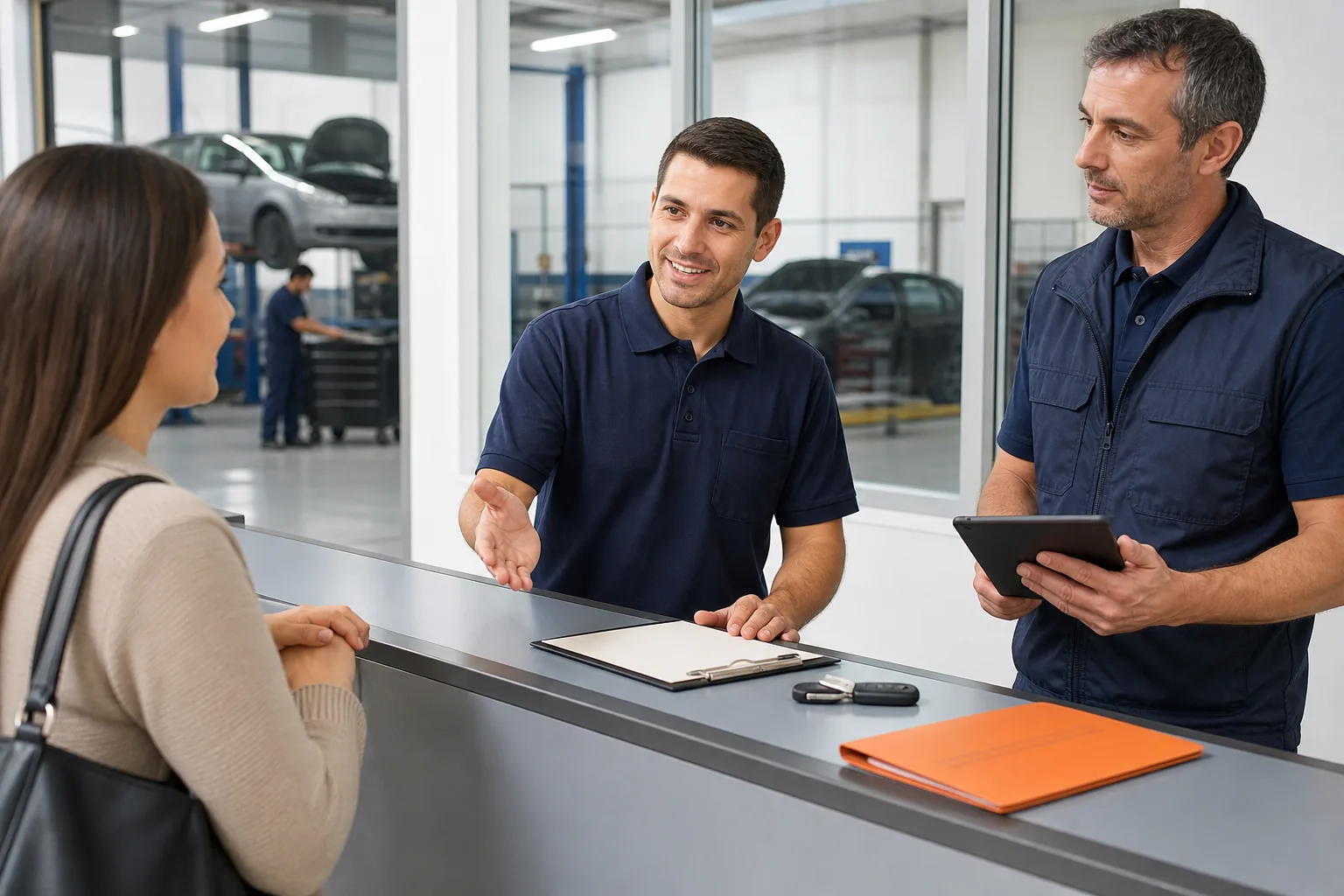 Escena profesional de transporte y mantenimiento de vehículos para Recepción y pautas de comportamiento con el cliente