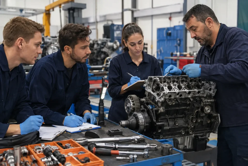 Escena profesional de transporte y mantenimiento de vehículos para Fundamentos para el mantenimiento, reparación y overhaul de motores