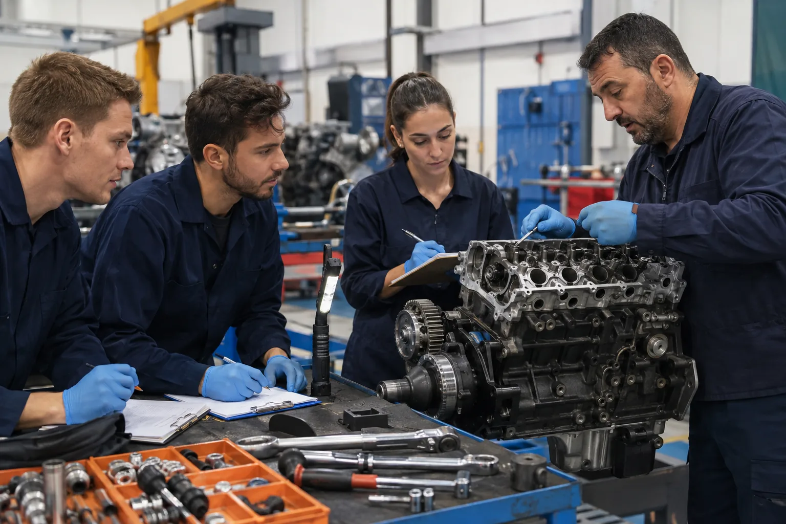 Escena profesional de transporte y mantenimiento de vehículos para Fundamentos para el mantenimiento, reparación y overhaul de motores