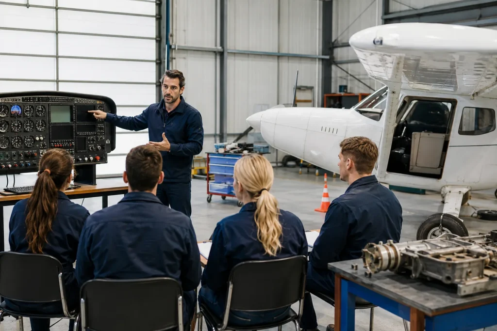 Escena profesional de transporte y mantenimiento de vehículos para Cursos de introducción a la aviación