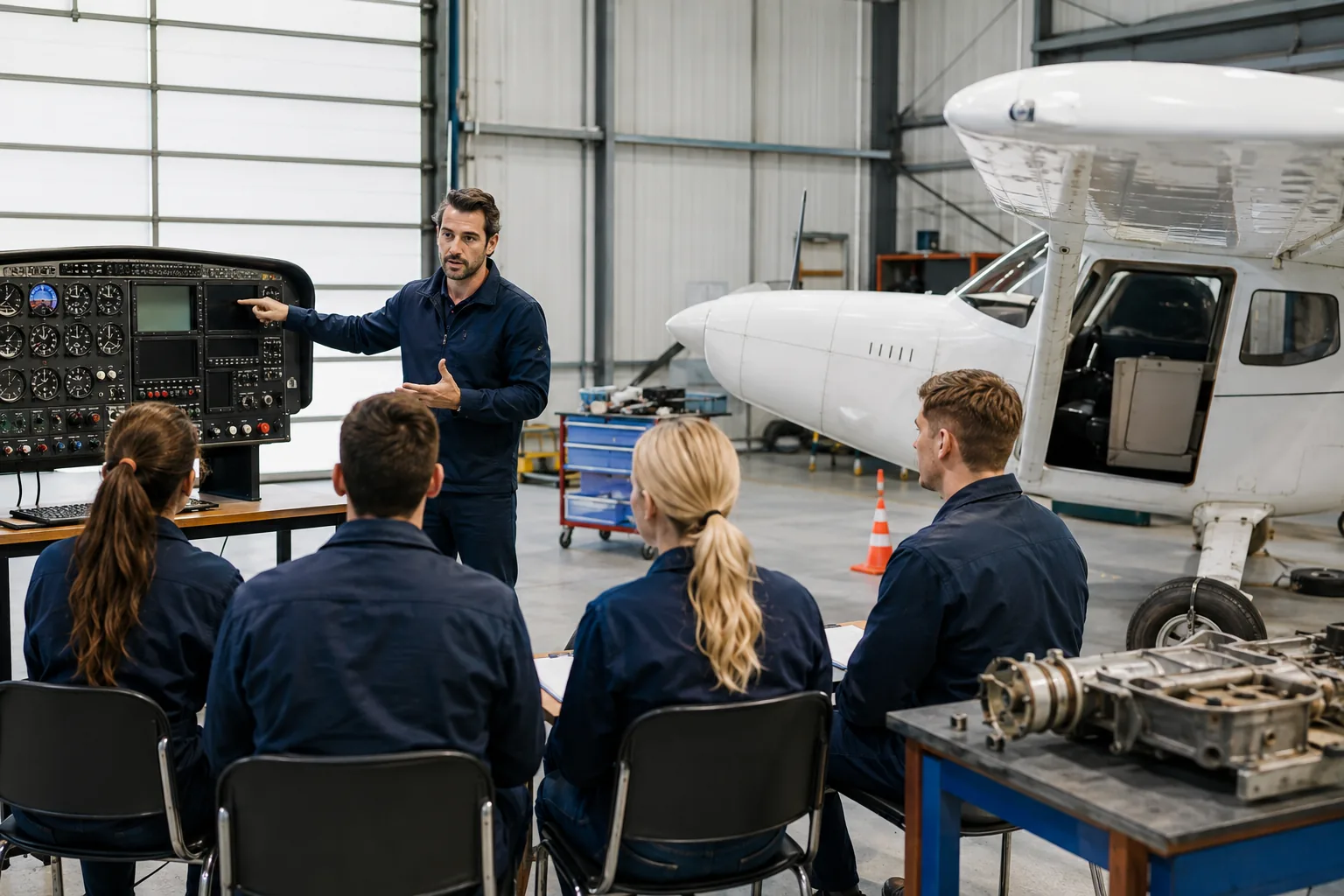 Escena profesional de transporte y mantenimiento de vehículos para Cursos de introducción a la aviación
